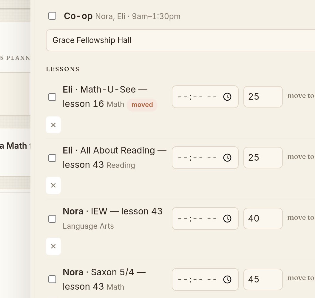 A single day in Margin, each child's lessons in their own color