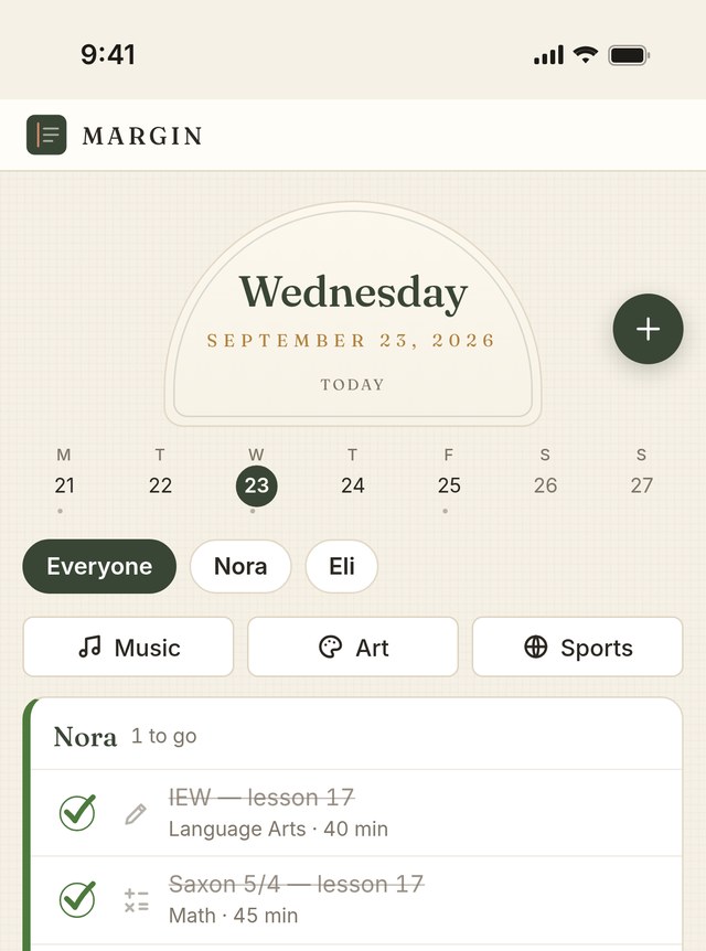 Margin on a phone, showing today's lessons for each child