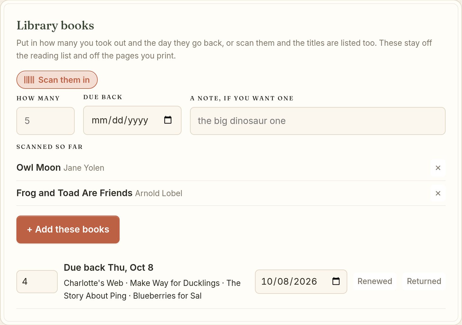 Library books scanned into Margin, listed by title with a due date