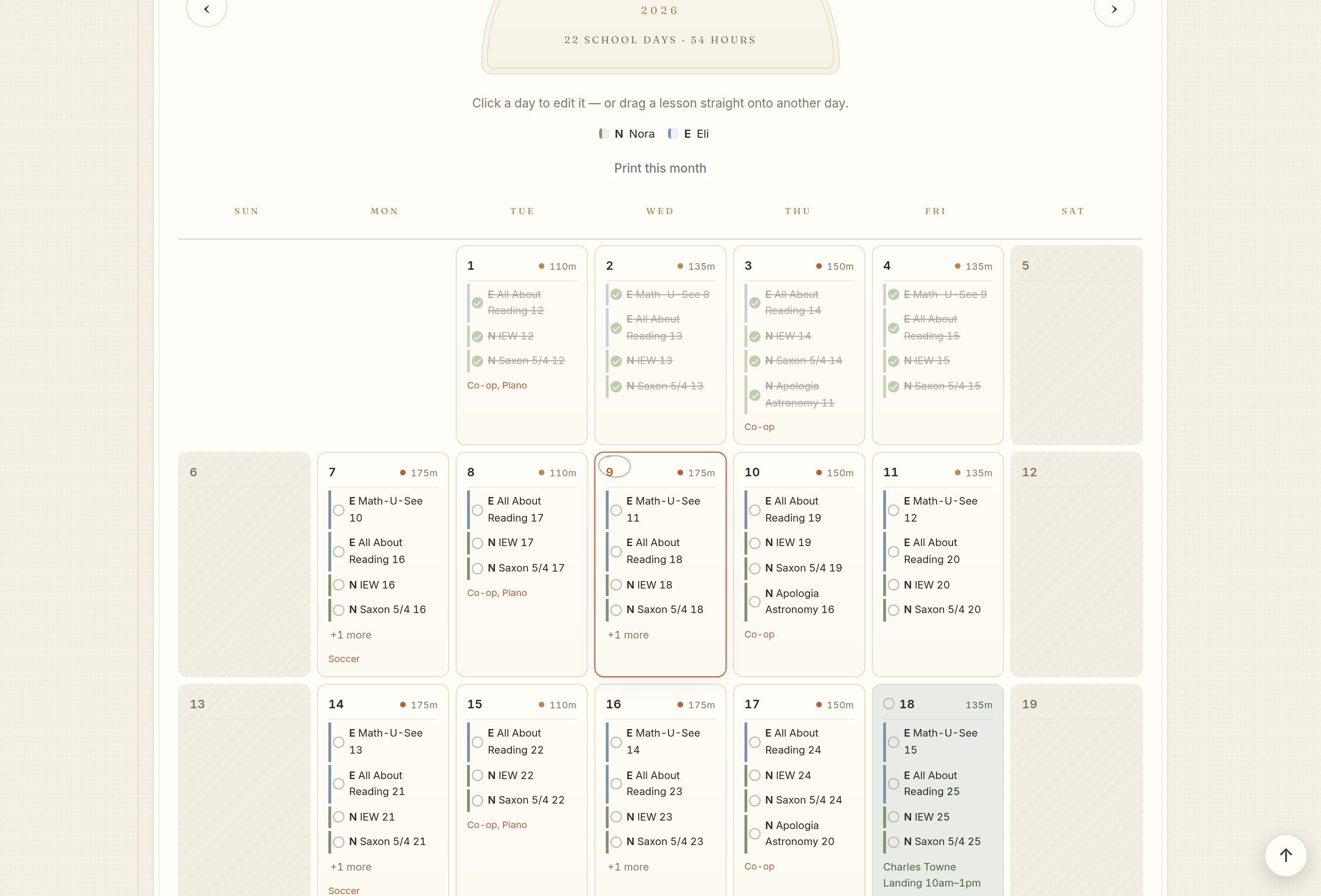 A month of school laid out in Margin, each child in their own color