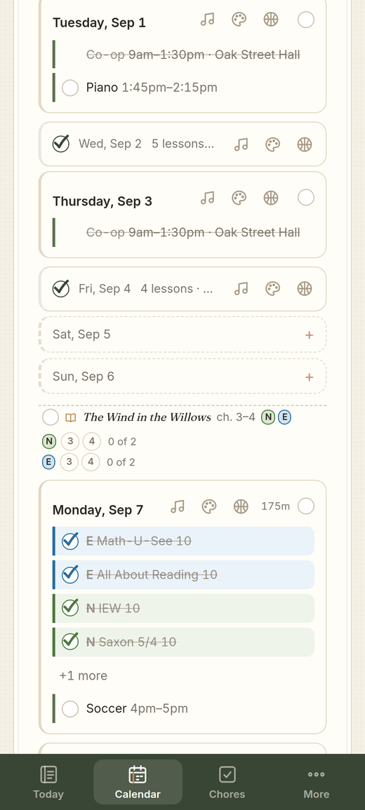 Today's lessons for two children in Margin, on an Android phone