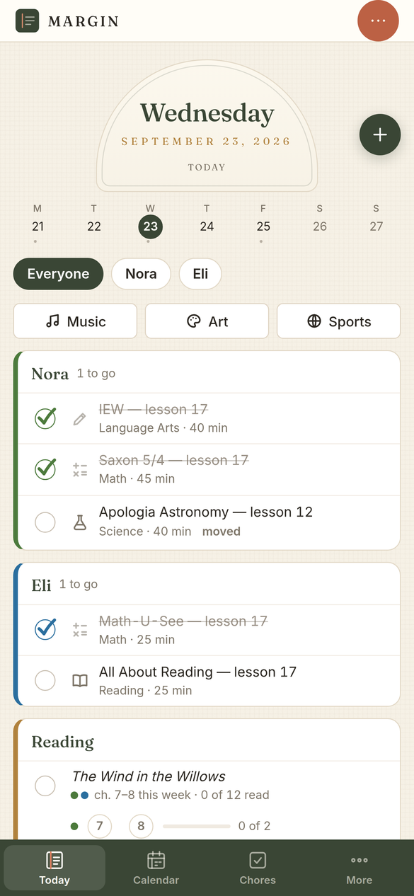 Today's lessons for two children in Margin, on an iPhone