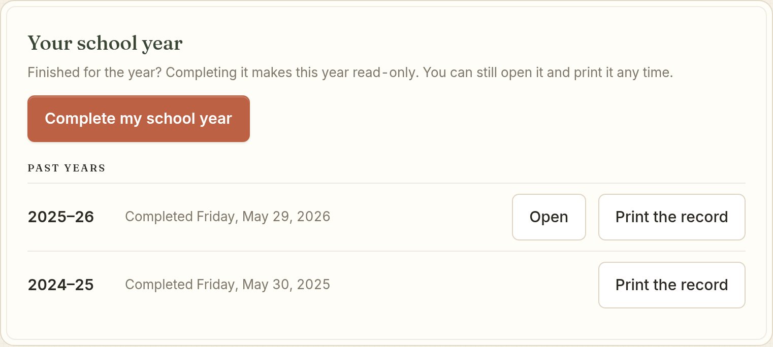The Report page with Complete my school year and a list of past years